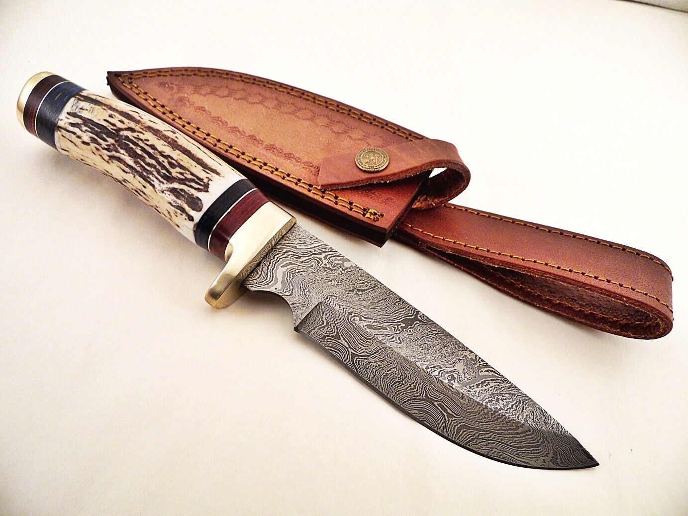 10.25" Custom Damascus Bowie Knife with Stag Horn & Brass Pommel