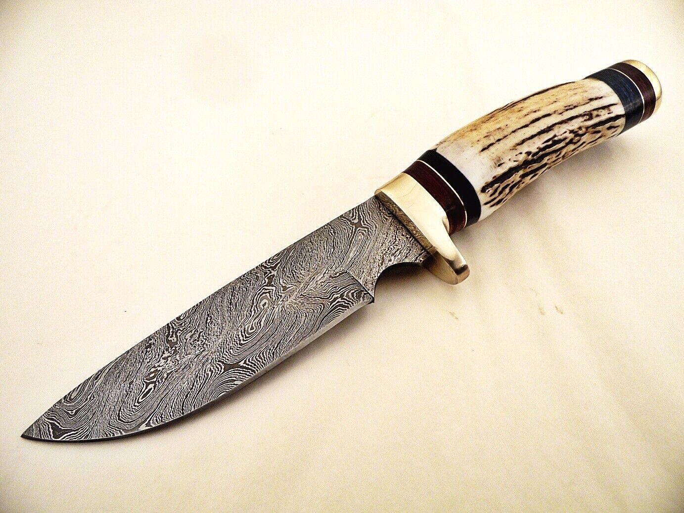 10.25" Custom Damascus Bowie Knife with Stag Horn & Brass Pommel