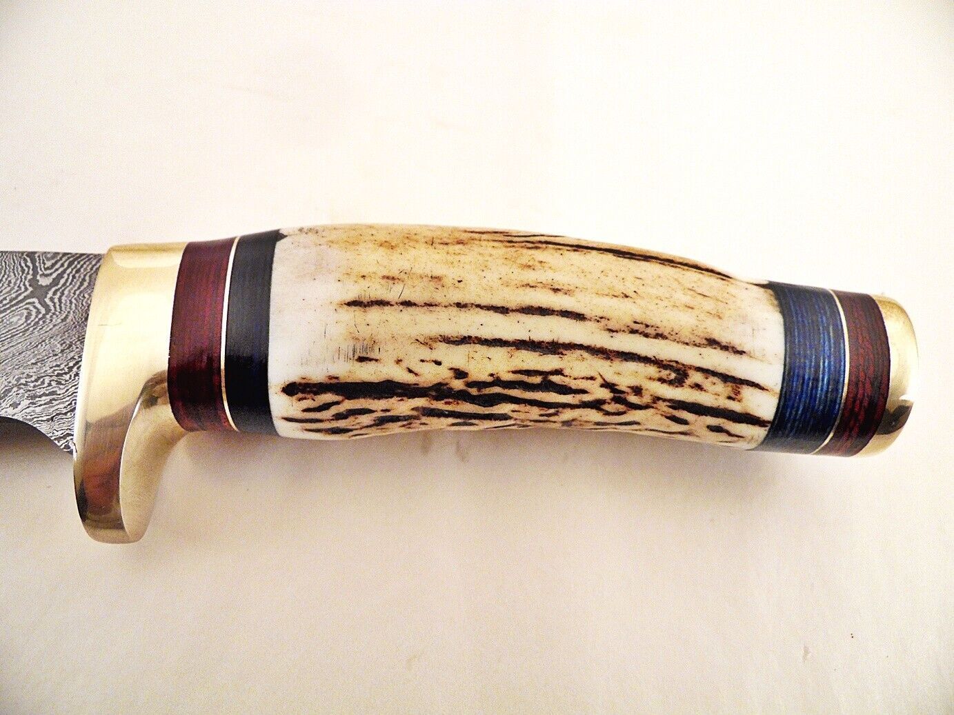 10.25" Custom Damascus Bowie Knife with Stag Horn & Brass Pommel