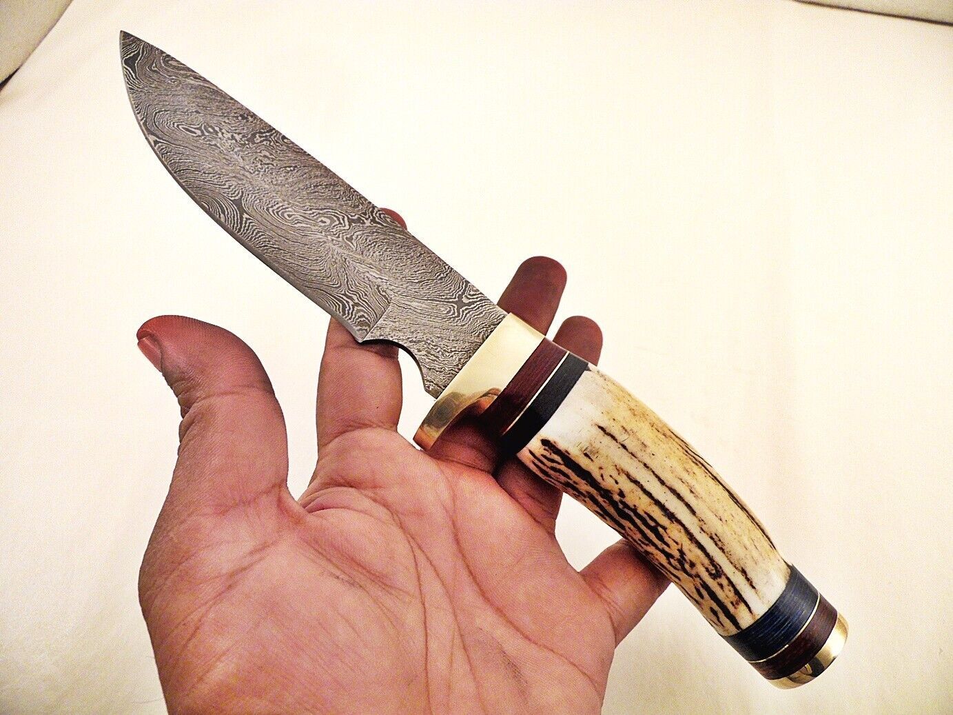 10.25" Custom Damascus Bowie Knife with Stag Horn & Brass Pommel