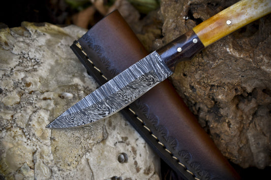 Unique Damascus Skinner Hunting Knife with Twist Pattern Bone Handle and Micarta Bolster
