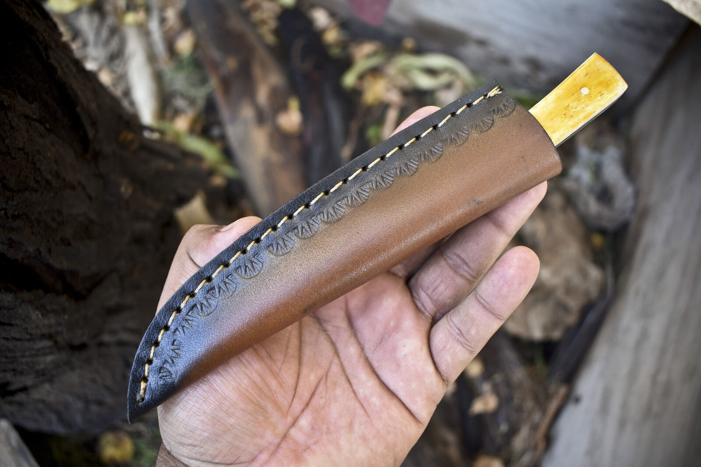 Unique Damascus Skinner Hunting Knife with Twist Pattern Bone Handle and Micarta Bolster