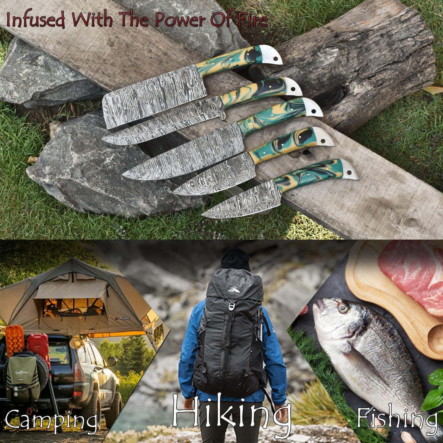 Forged Chef Knife Set Twist Damascus Steel with Micarta Handles – Lot of 5 Hiking Knives Razor Sharp