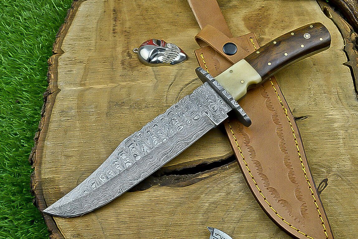 Heritage Forge 13 Inch Wood Handle Damascus Steel Bowie Knife for Hunting and Camping