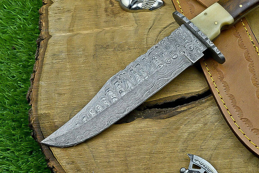 Heritage Forge 13 Inch Wood Handle Damascus Steel Bowie Knife for Hunting and Camping