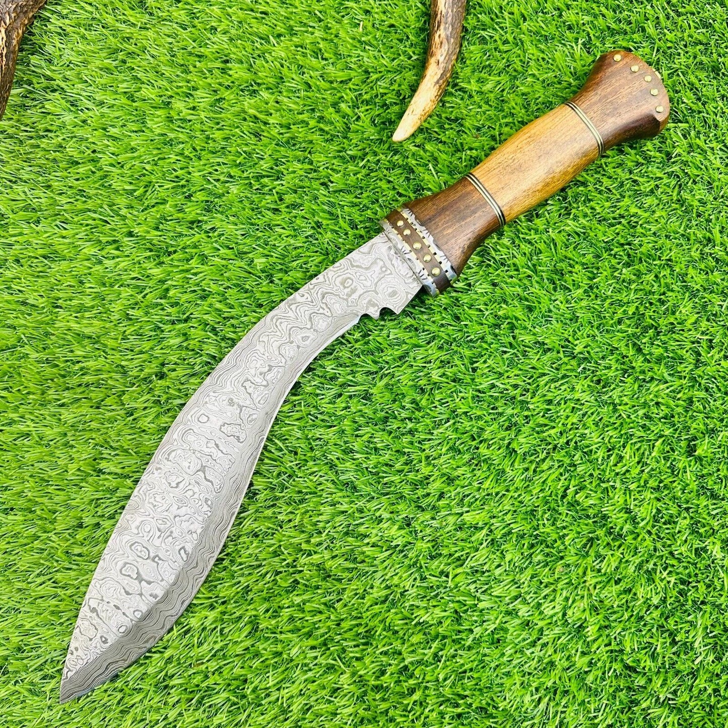Custom Forged Damascus Steel Handmade Kukri Bowie Hunting Knife With Wood Handle