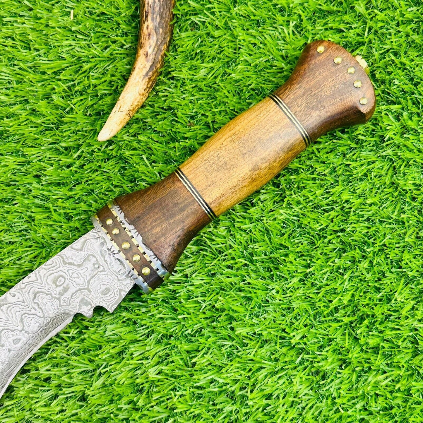 Custom Forged Damascus Steel Handmade Kukri Bowie Hunting Knife With Wood Handle