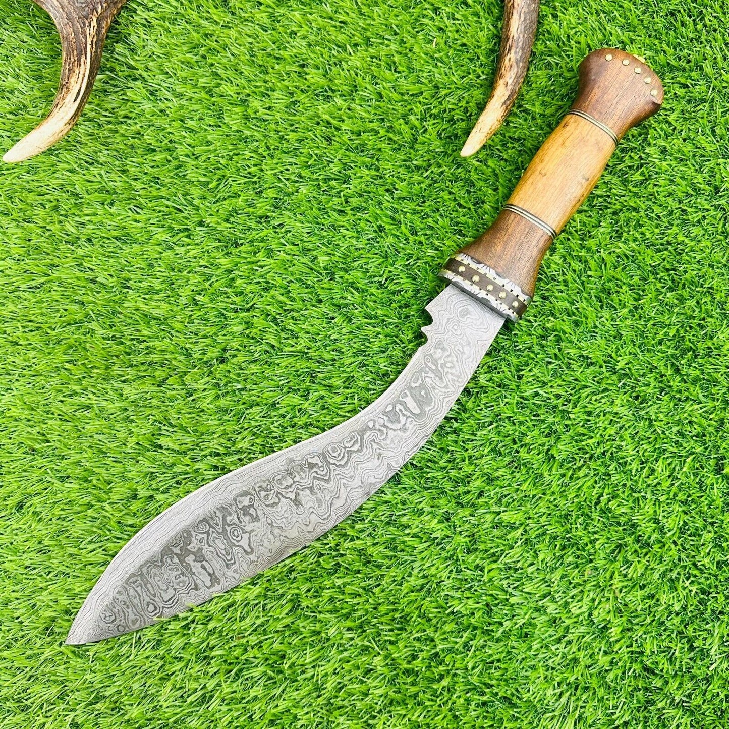 Custom Forged Damascus Steel Handmade Kukri Bowie Hunting Knife With Wood Handle