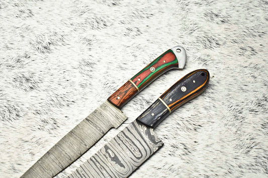 Lot of 2 Custom Handmade Damascus Steel Chef Knives – Full Tang Kitchen Blades