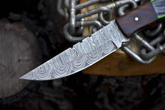 8.0 in Custom Skinner Knife Twist Damascus Hard Wood Wooden Bolster Sports Outdoor