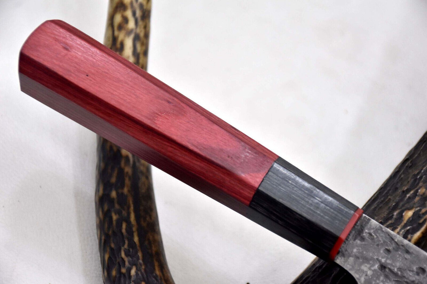 Custom Hammered San Mai Damascus Steel Chef Knife Handmade with Wooden Handle