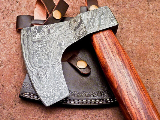 Handmade Damascus Steel Tomahawk Axe with Natural Wood Handle and Leather Sheath