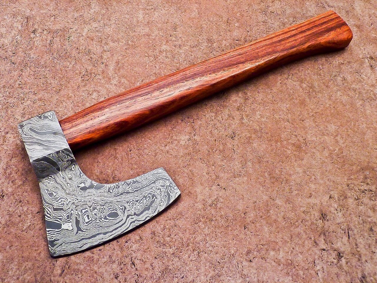 Handmade Damascus Steel Tomahawk Axe with Natural Wood Handle and Leather Sheath