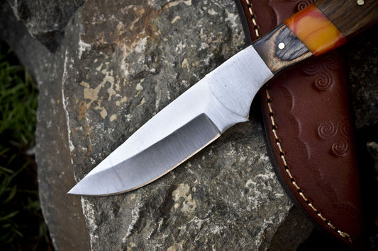 8" AUS-8 Steel Skinner Knife with Mixed Material Handle & Steel Bolster Leather Sheath
