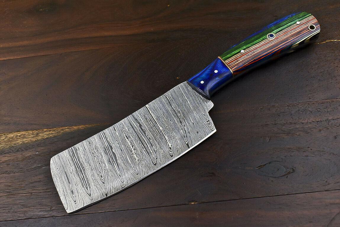 Fixed Blade Damascus Steel Hard Wood Clever Chopper Chef Knife Wooden Bolster