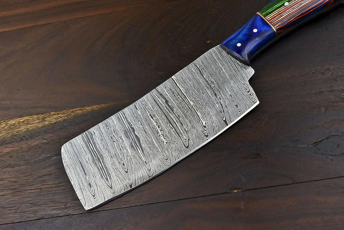 Fixed Blade Damascus Steel Hard Wood Clever Chopper Chef Knife Wooden Bolster