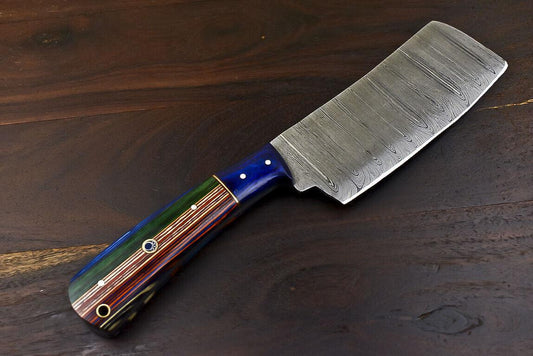 Fixed Blade Damascus Steel Hard Wood Clever Chopper Chef Knife Wooden Bolster
