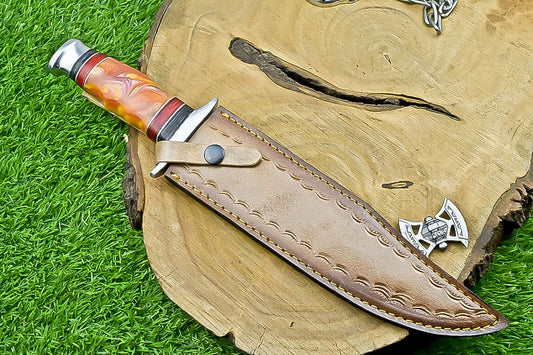 14" Damascus Steel Bowie Knife – Resin Handle & Leather Sheath