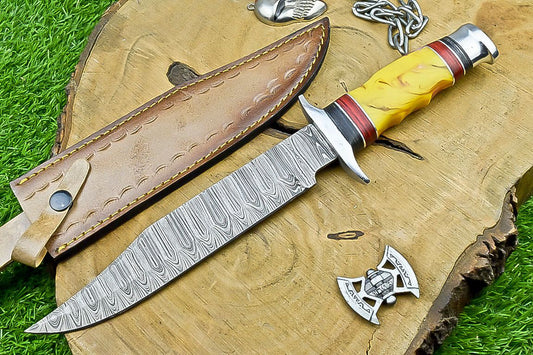 Flared steel guard on hand forged Damascus bowie knife