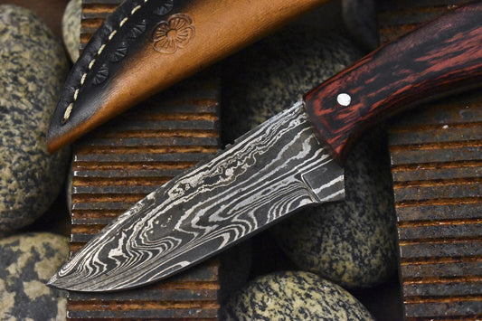 8.0 in Forged Skinner Knife Fire Damascus Hard Wood Handle Unique Gift