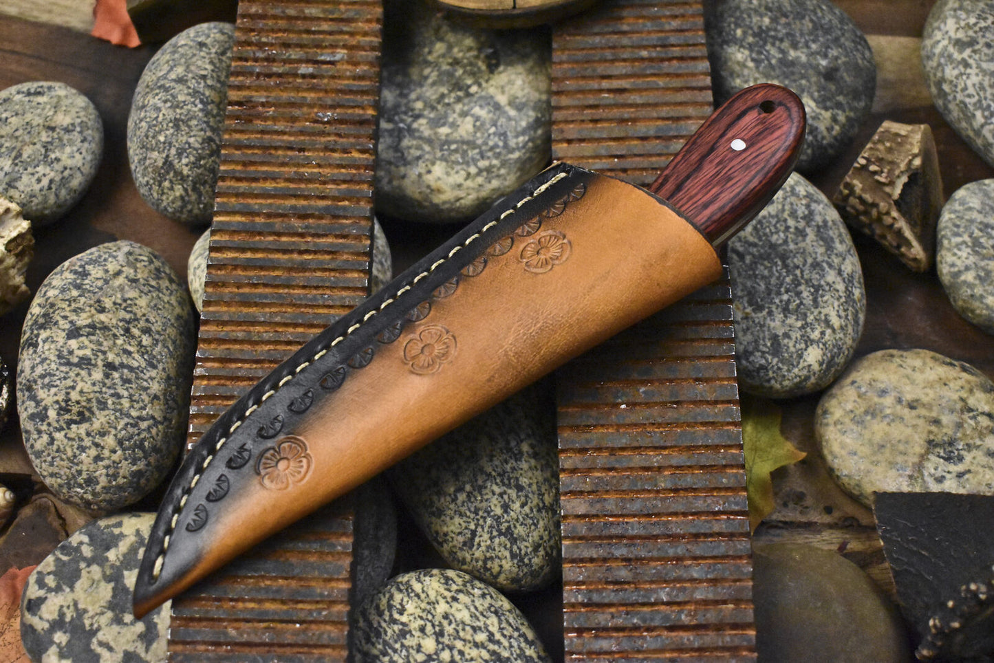 8.0 in Forged Skinner Knife Fire Damascus Hard Wood Handle Unique Gift