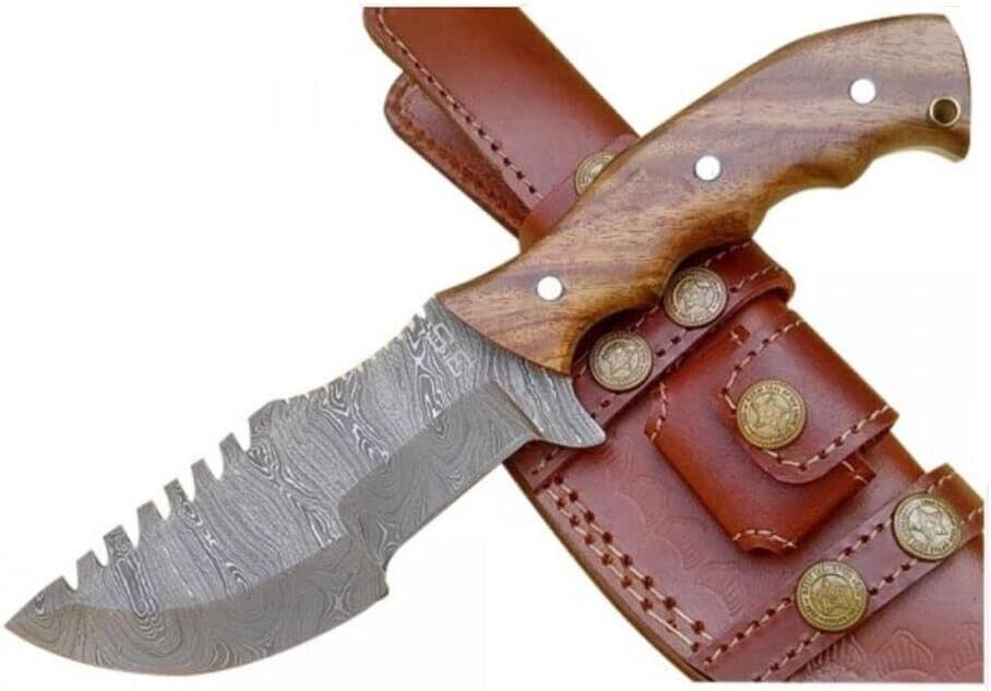 Handmade 10" Damascus Steel Tracker Knife – Fixed Blade Hunting Knife with Wood Handle & Leather Sheath