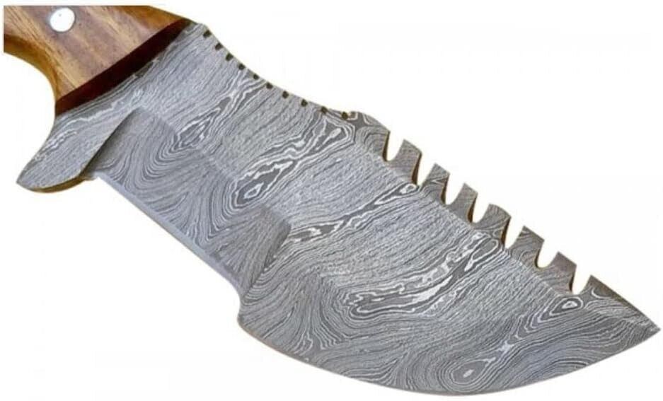 Handmade 10" Damascus Steel Tracker Knife – Fixed Blade Hunting Knife with Wood Handle & Leather Sheath