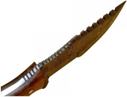Handmade 10" Damascus Steel Tracker Knife – Fixed Blade Hunting Knife with Wood Handle & Leather Sheath