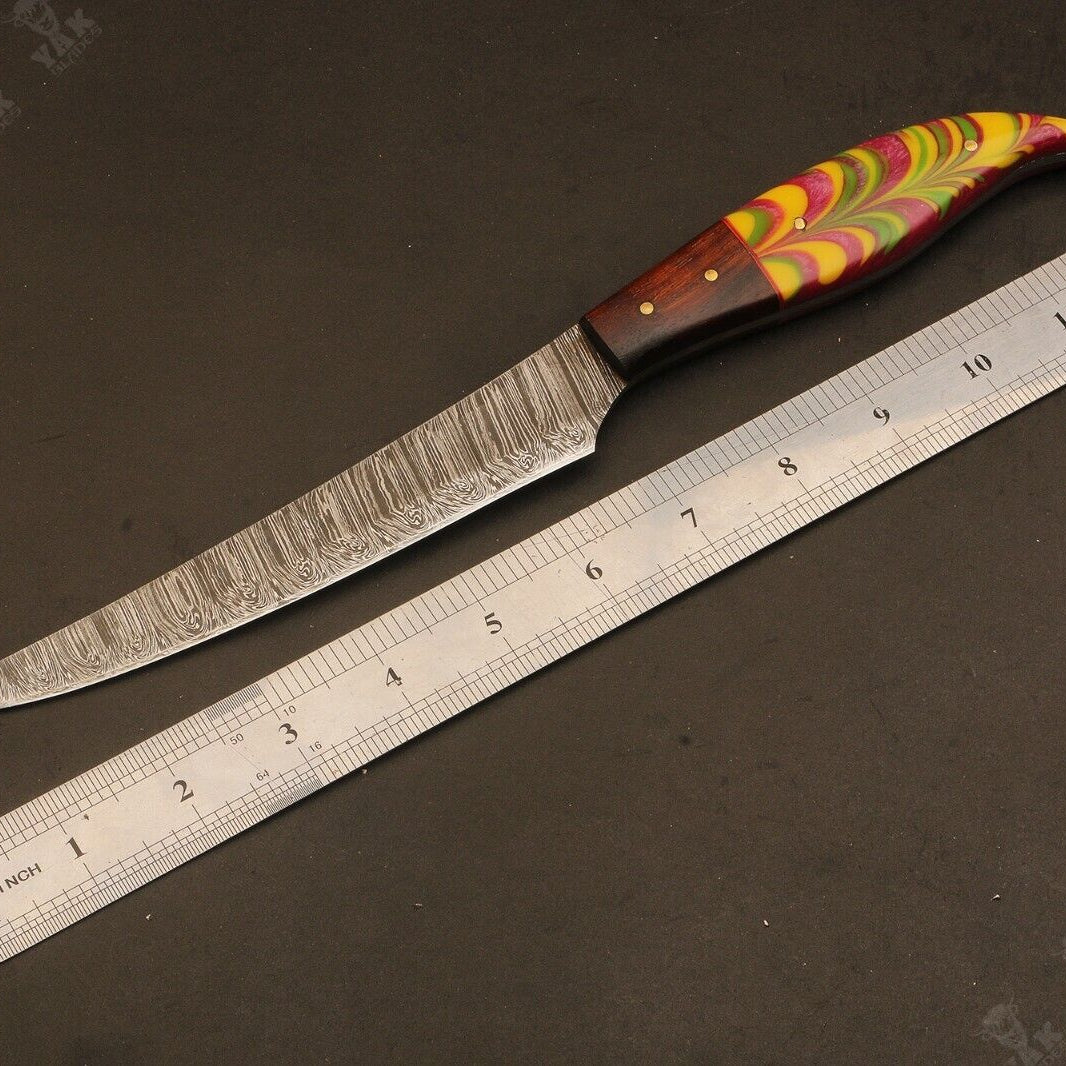 12.5" Handmade Fire Damascus Steel Fillet Knife – Resin & Wood Handle