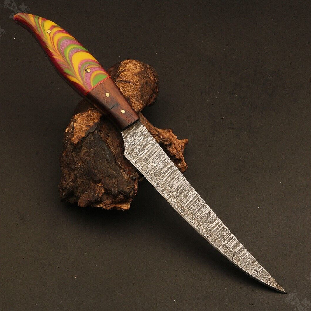 12.5" Handmade Fire Damascus Steel Fillet Knife – Resin & Wood Handle