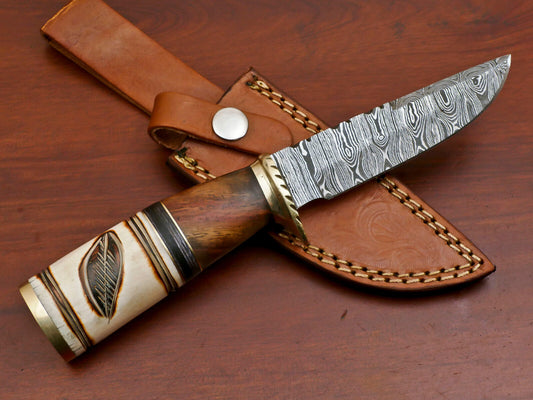 Heritage Forge Damascus Hunting Knife Camel Bone Rose Wood Pakka Wood Handle with Brass Guard