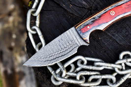 Custom Ladder Damascus Skinner Knife with Hardwood Handle and Leather Sheath