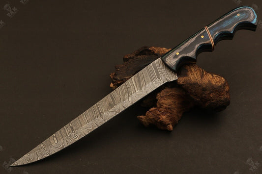 13.5" Hand Forged Damascus Fillet Knife Ladder Damascus Steel Knife W/Leather Sheath