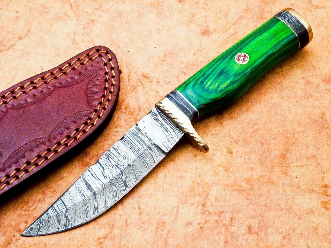 Heritage Forge 8 Inch Handmade Damascus Hunting Knife with Hardwood Handle and Leather Sheath