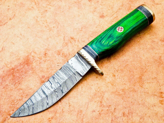 Heritage Forge 8 Inch Handmade Damascus Hunting Knife with Hardwood Handle and Leather Sheath