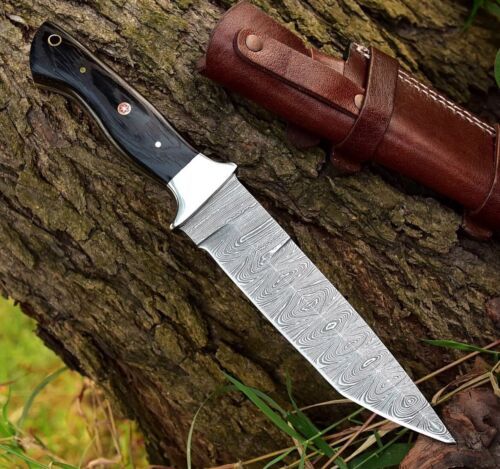 9 Inch Handmade Damascus Steel Tanto Hunting Skinner Knife with Leather Sheath