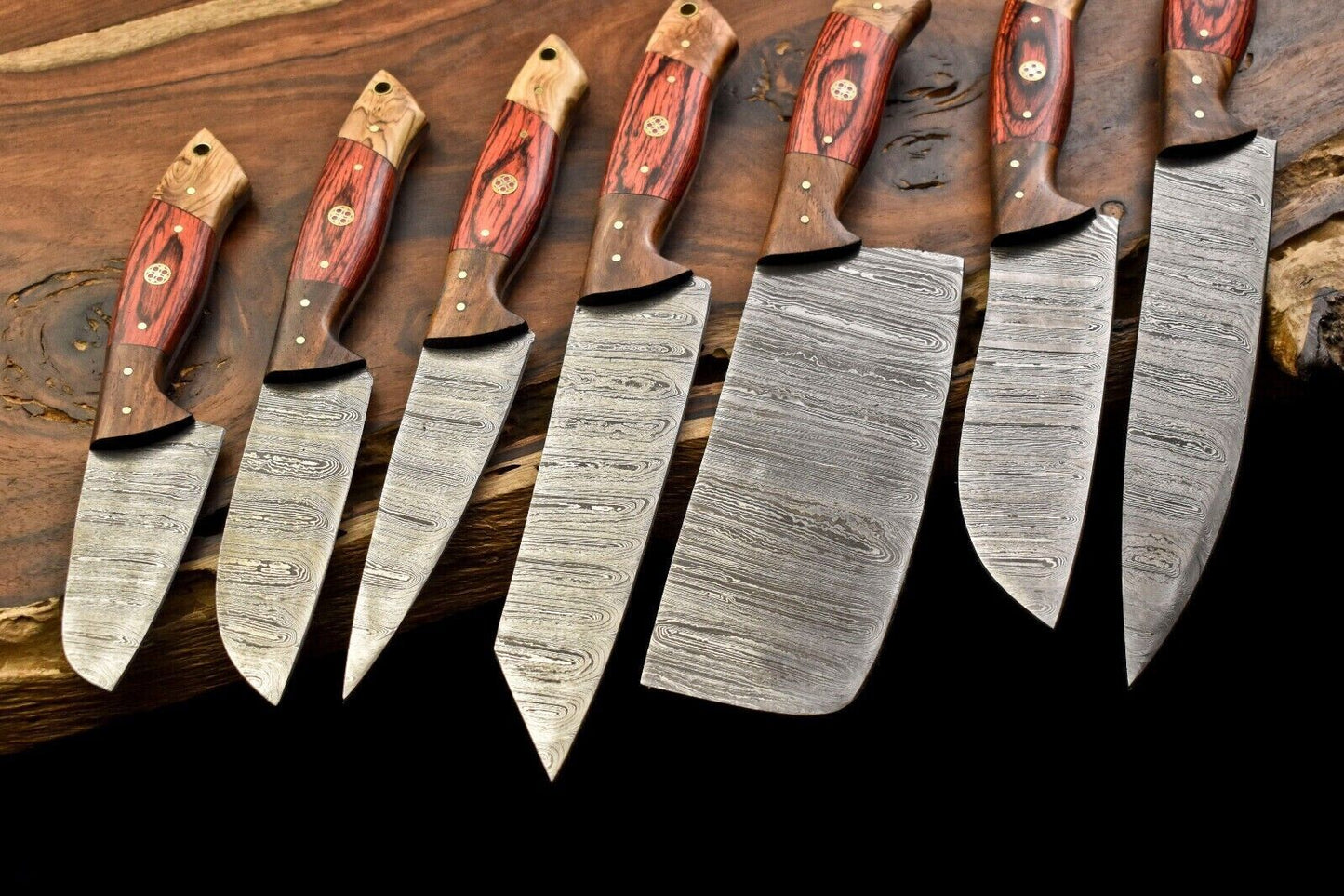 Handmade Damascus Blade Full Tang Chef Knife Set – 7 Pcs Kitchen Knives with Leather Sheath
