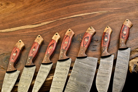 Handmade Damascus Blade Full Tang Chef Knife Set – 5 Pcs Kitchen Knives with Leather Sheath