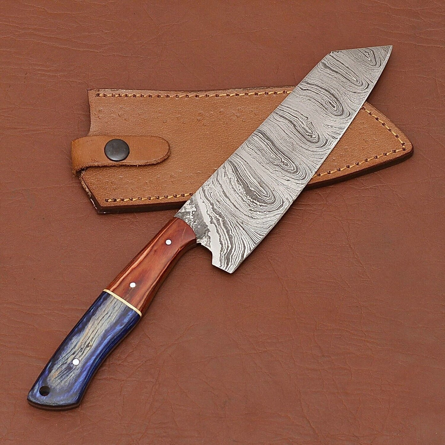 Custom Handmade Damascus Steel Chef Kitchen Knife with Wood Handle & Leather Sheath