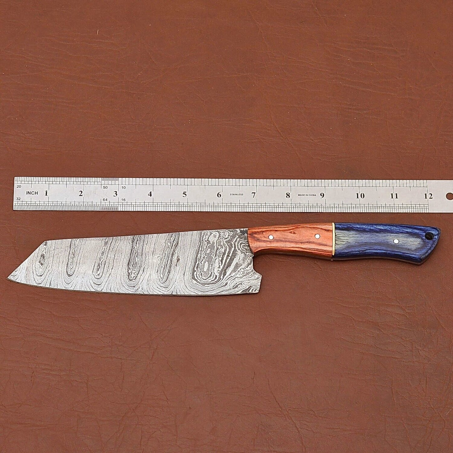 Custom Handmade Damascus Steel Chef Kitchen Knife with Wood Handle & Leather Sheath