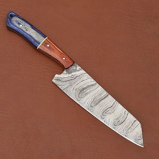 Custom Handmade Damascus Steel Chef Kitchen Knife with Wood Handle & Leather Sheath