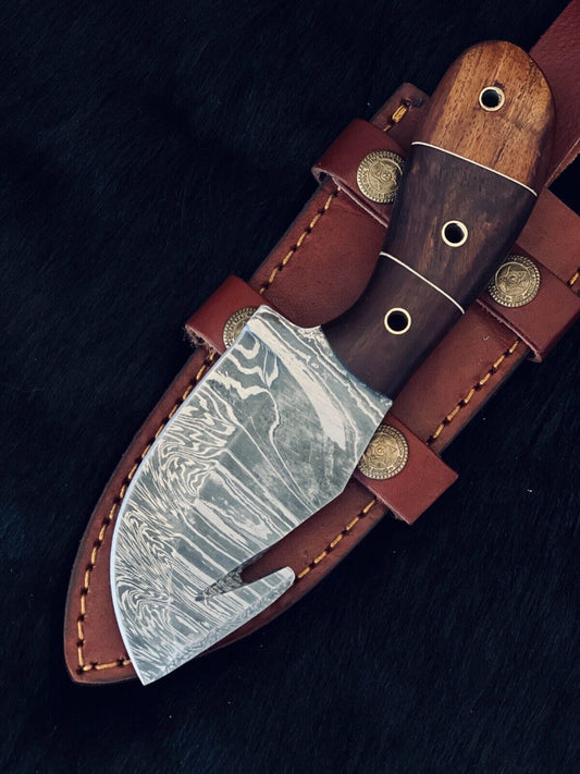 Heritage Forge 8 Inch Fire Damascus Steel Gutuk Bowie Knife with Camel Bone and Wood Handle