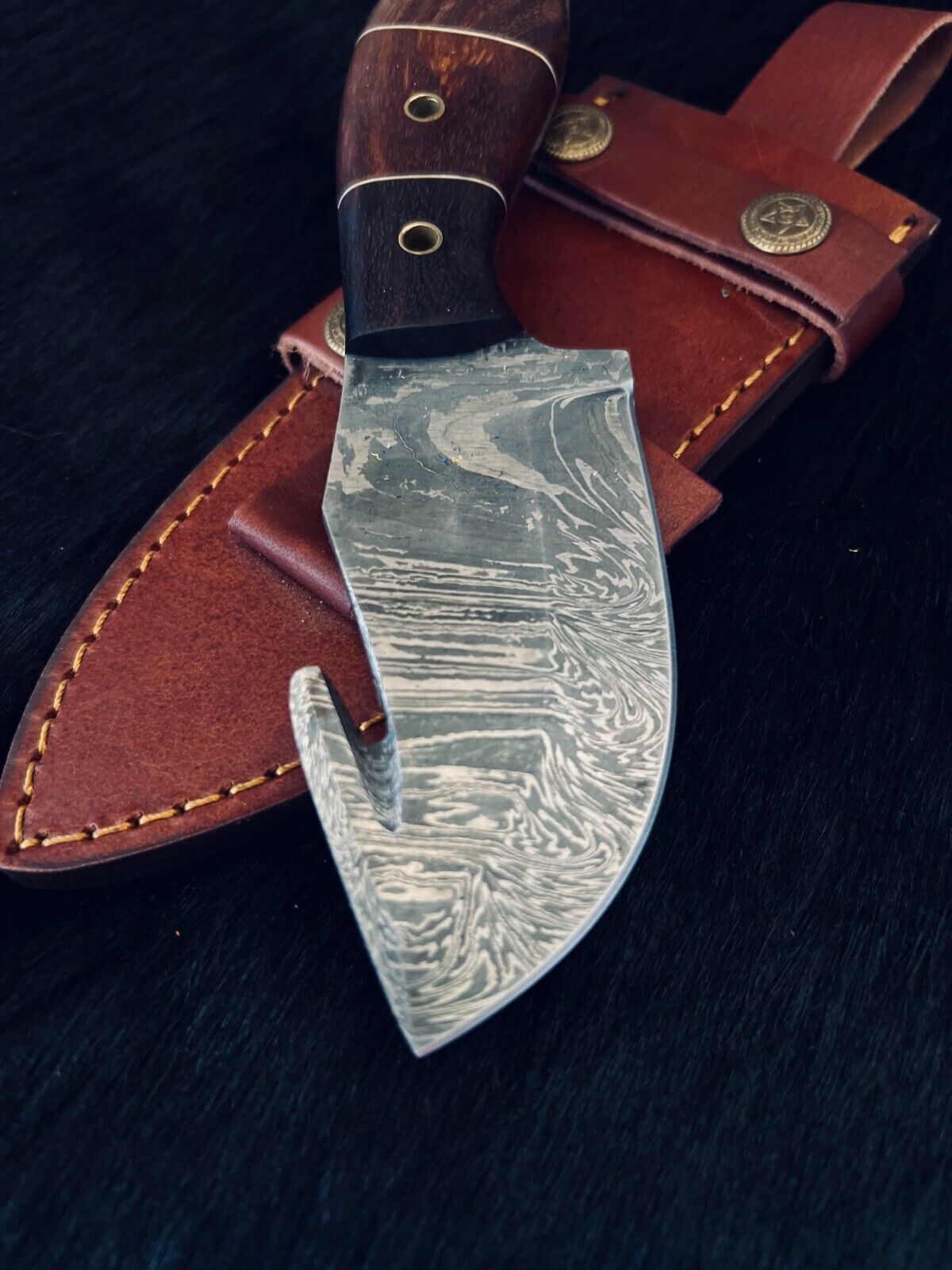 Heritage Forge 8 Inch Fire Damascus Steel Gutuk Bowie Knife with Camel Bone and Wood Handle