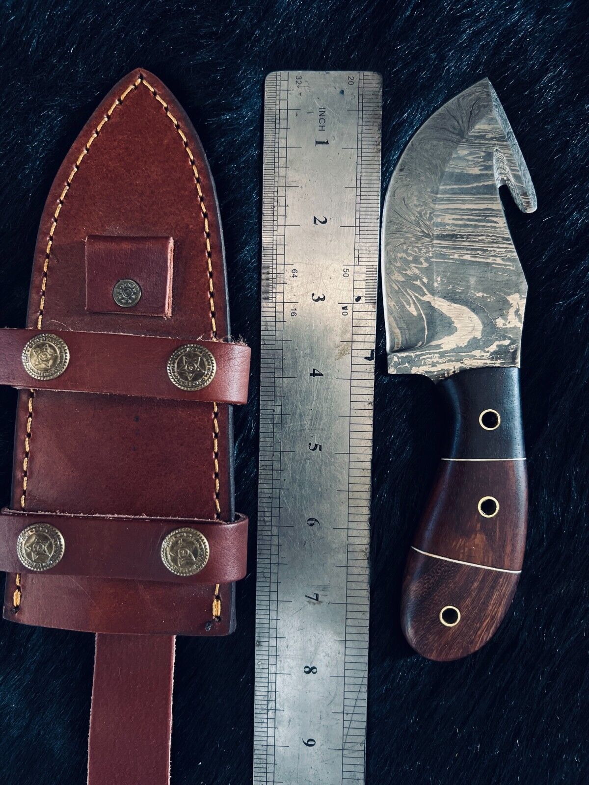 Heritage Forge 8 Inch Fire Damascus Steel Gutuk Bowie Knife with Camel Bone and Wood Handle