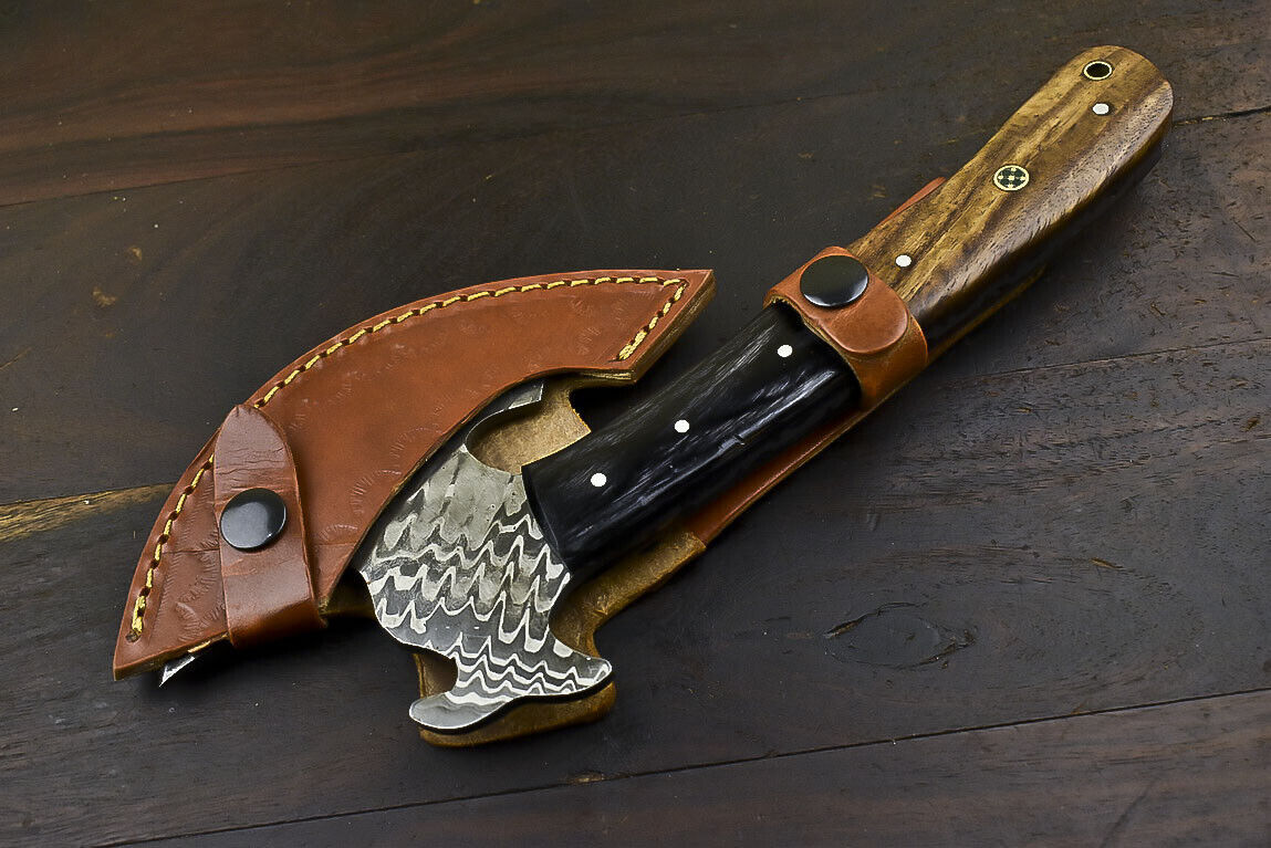 Handmade Damascus Steel Axe Clever Chopper Knife Walnut Wood Survival Axe with Sheath