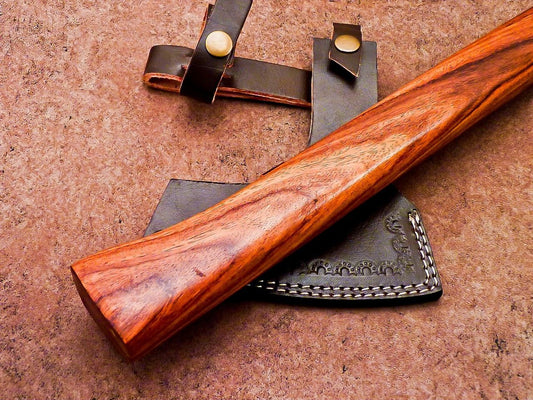 Handmade Damascus Steel Axe | Unique Limited Edition 16-Inch Axe with Natural Wood Handle & Leather Sheath