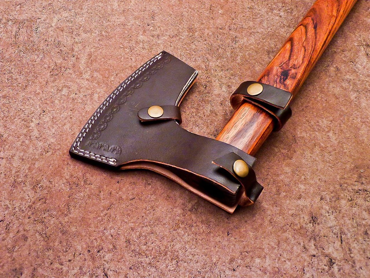 Handmade Damascus Steel Axe | Unique Limited Edition 16-Inch Axe with Natural Wood Handle & Leather Sheath