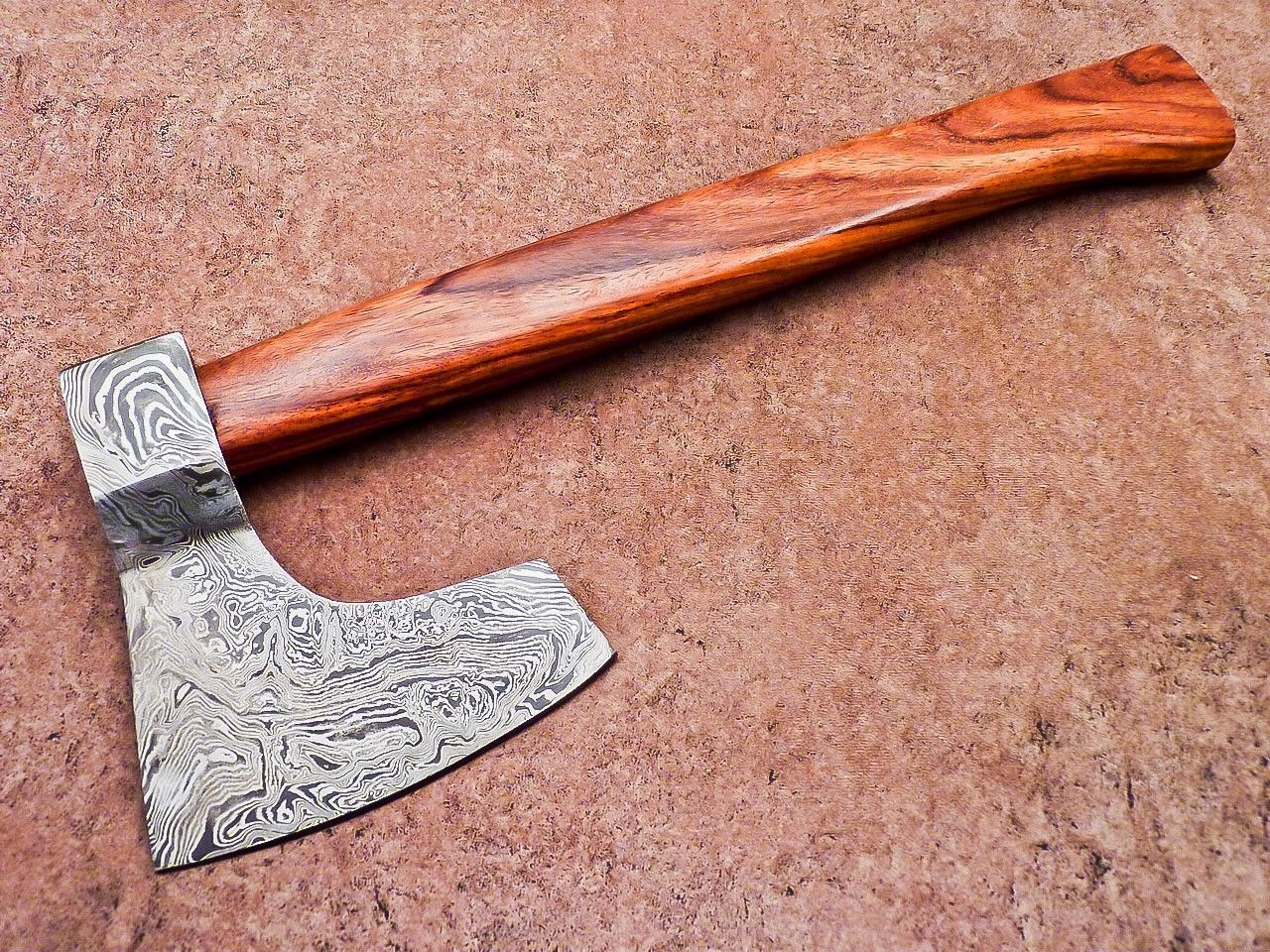 Handmade Damascus Steel Axe | Unique Limited Edition 16-Inch Axe with Natural Wood Handle & Leather Sheath