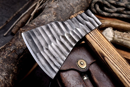 Handmade 1095 High Carbon Steel Viking Long Axe | Camping & Hunting Knife with Leather Sheath