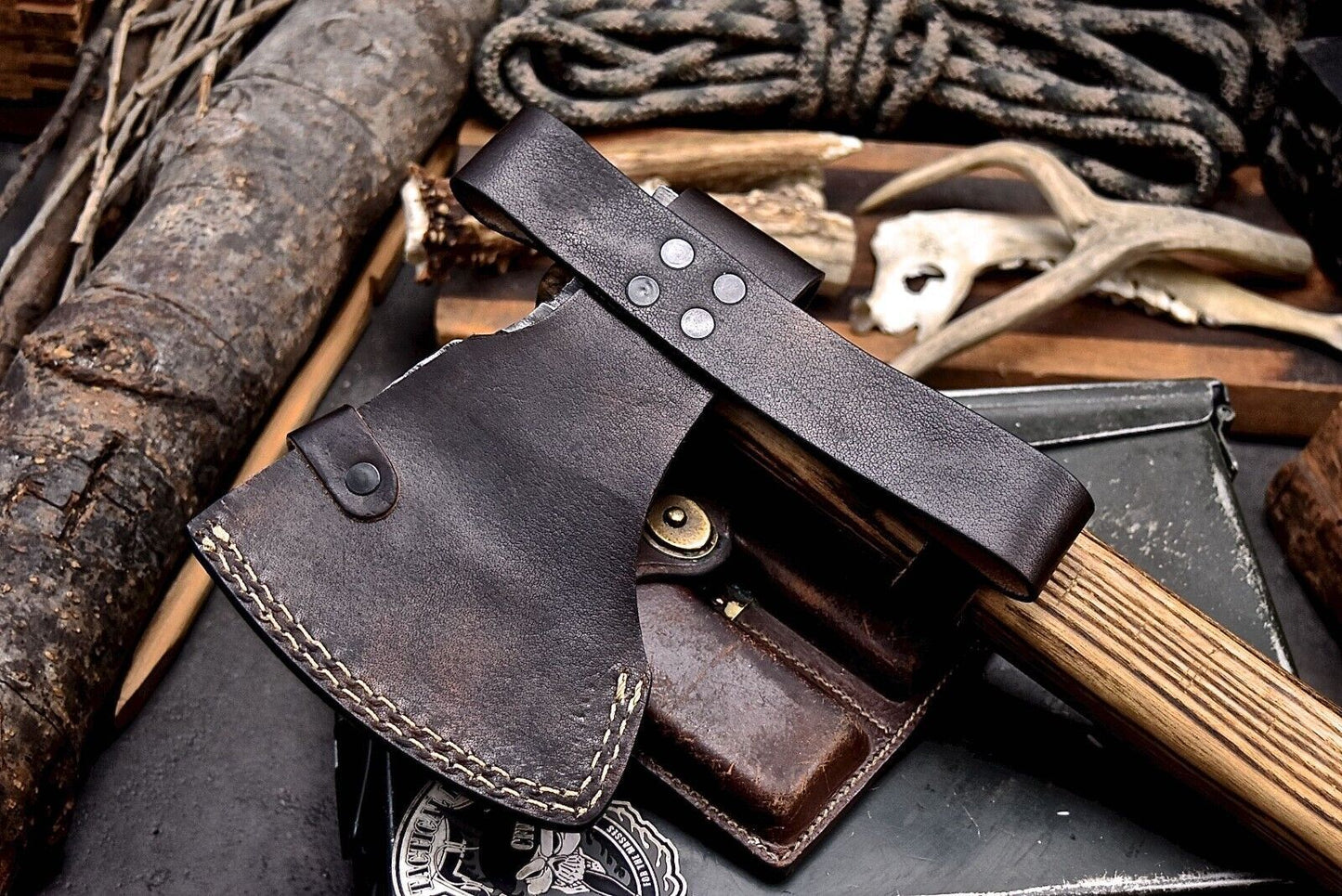 Handmade 1095 High Carbon Steel Viking Long Axe | Camping & Hunting Knife with Leather Sheath
